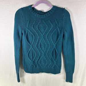 Lands End Drifter Sweater Women’s XS Cable Chunky Knit Teal Green Crew Neck